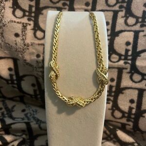 VINTAGE Christian Dior Gold-Tone Knotted Chain Necklace with Crystal Insets